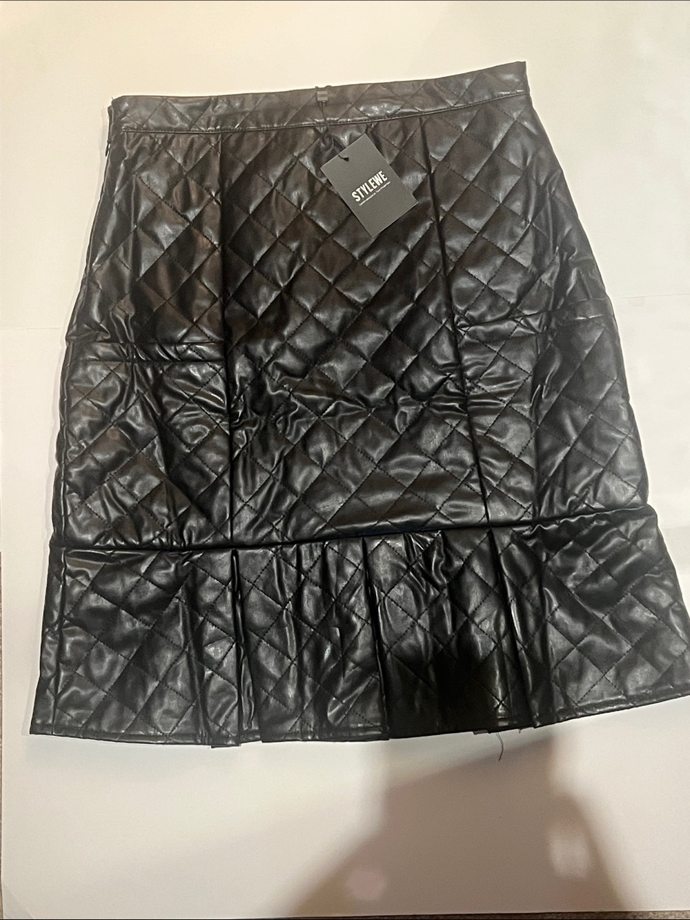 STYLEWE Black Quilted Faux Leather Pencil Skirt with Ruffle Hem